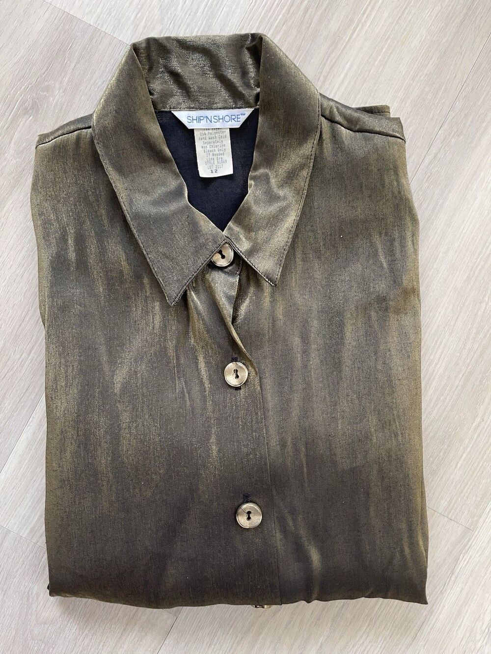 Ship'N Shore Womens Metallic Long Sleeve Button Down Padded Shoulder Size 12